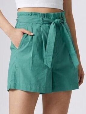 NWT ZARA High Waisted Belted 100% Cotton Shorts  Blue Green Medium